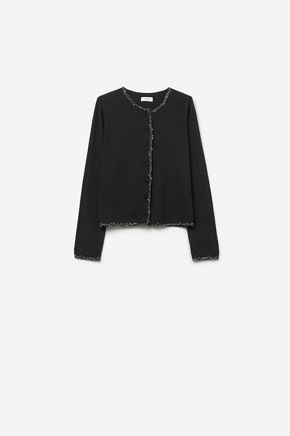 Q2 fine knit black cardigan with rhinestone detail