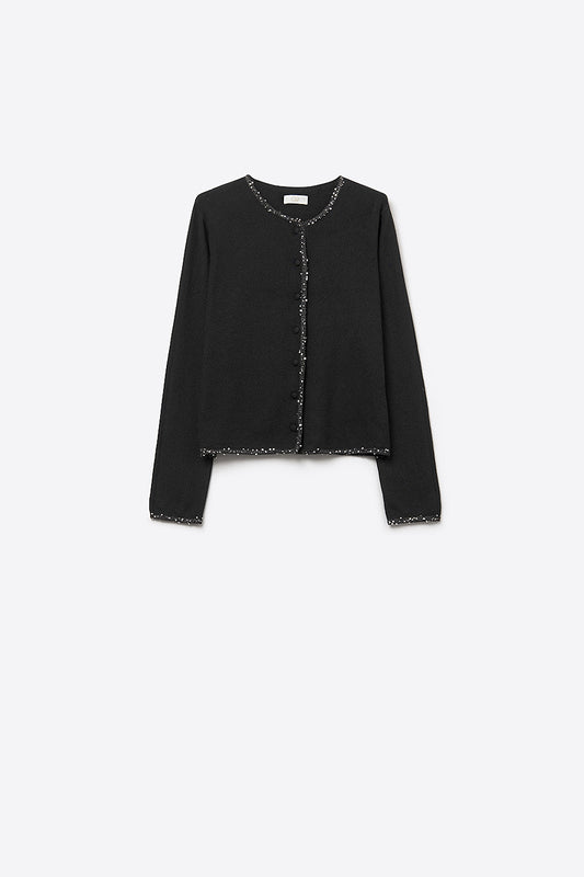 Q2 fine knit black cardigan with rhinestone detail