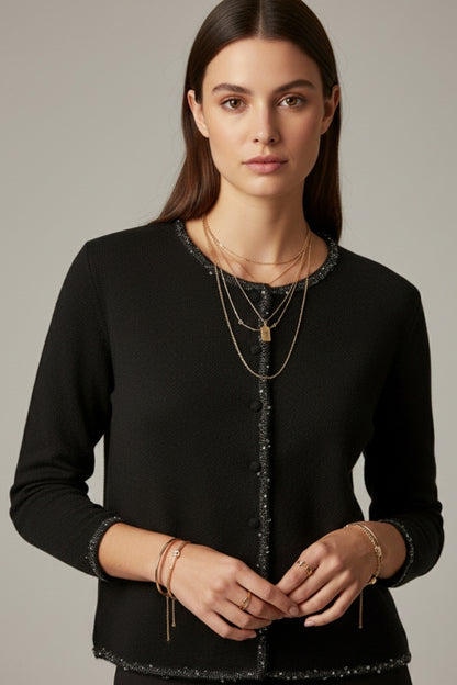 fine knit black cardigan with rhinestone detail
