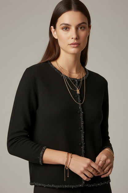 fine knit black cardigan with rhinestone detail