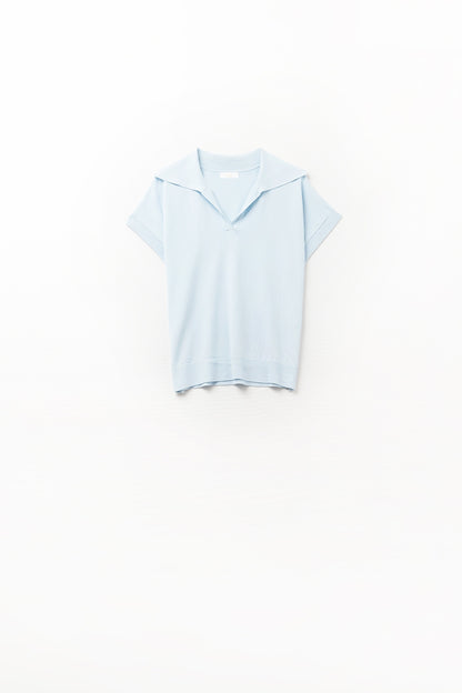 Fine Knit Polo-Style Short Sleeve Top in Baby Blue