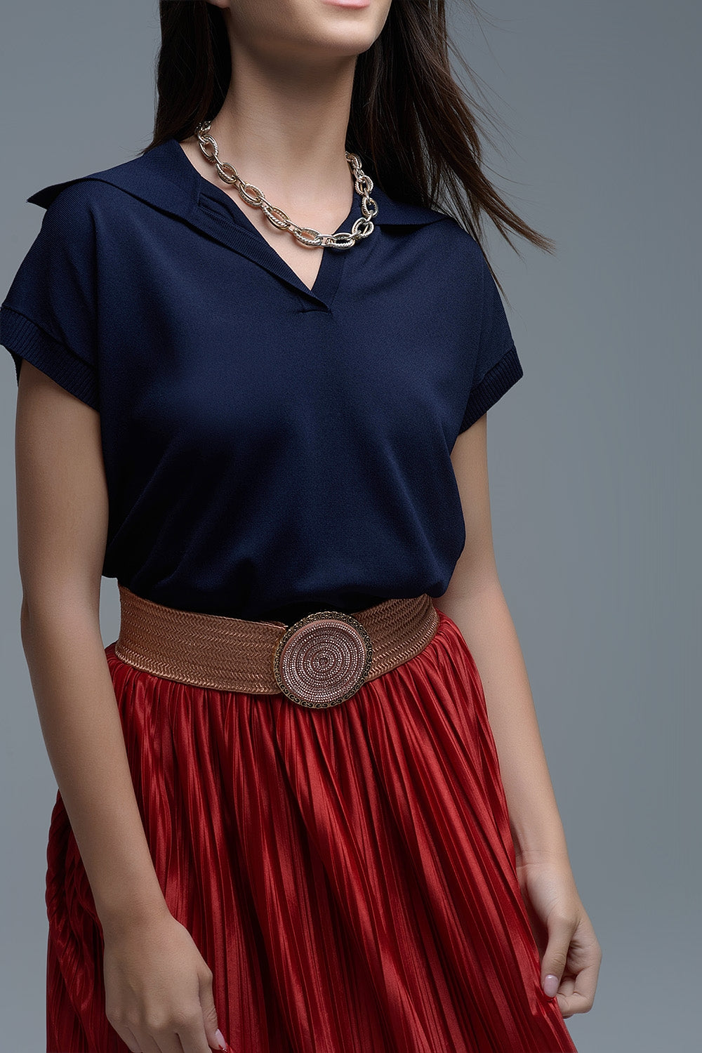 Fine Knit Polo-Style Short Sleeve Top in Navy