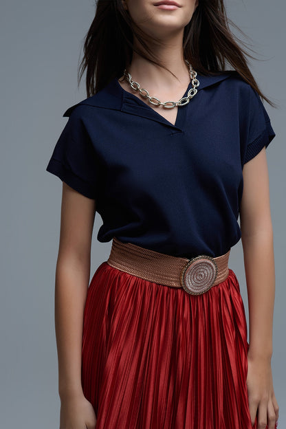 Fine Knit Polo-Style Short Sleeve Top in Navy