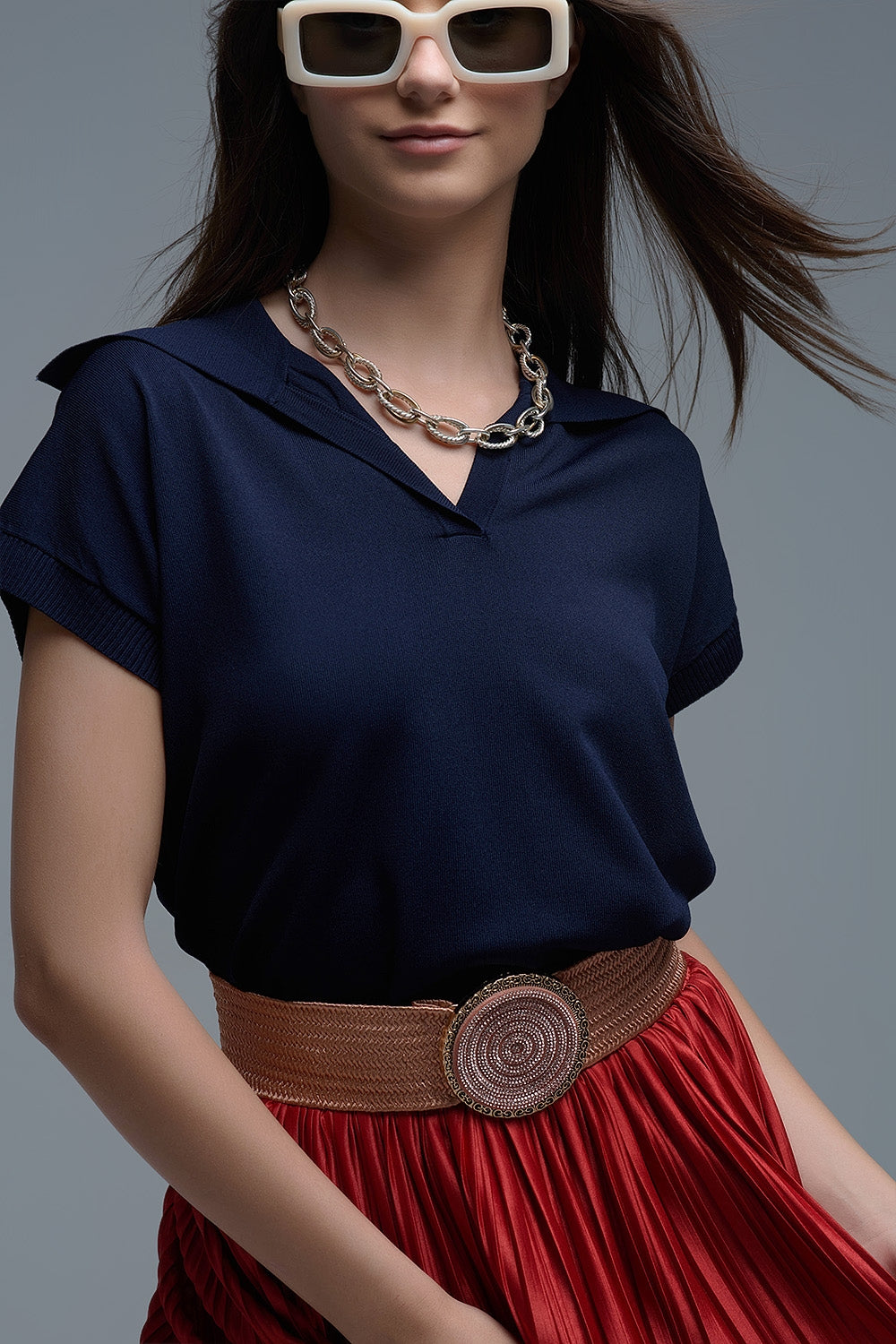 Fine Knit Polo-Style Short Sleeve Top in Navy