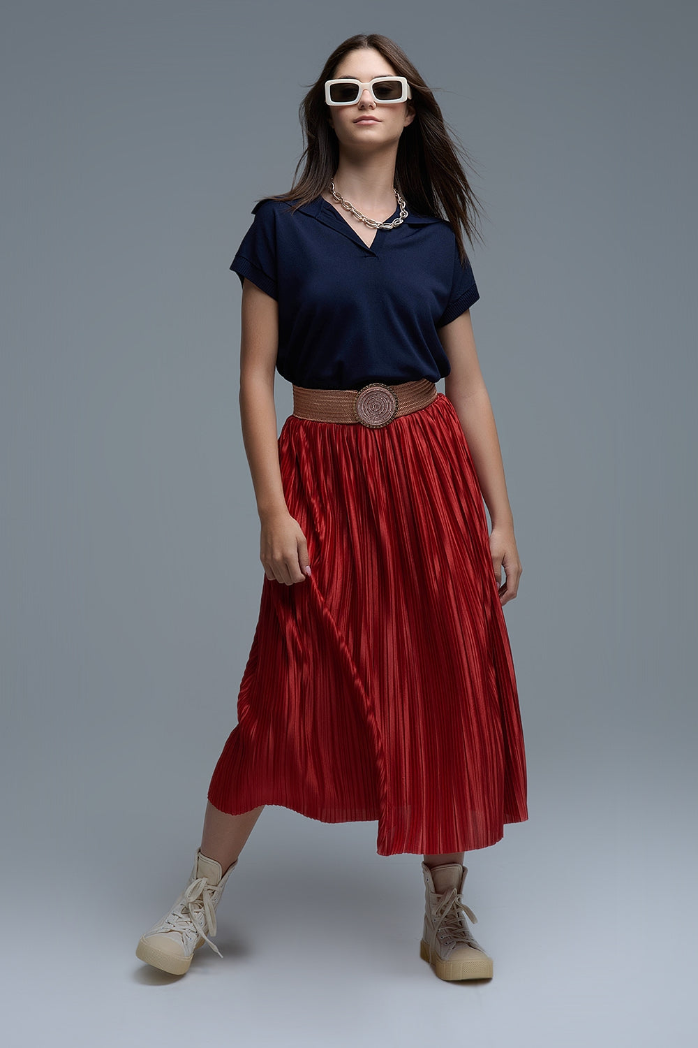 Fine Knit Polo-Style Short Sleeve Top in Navy