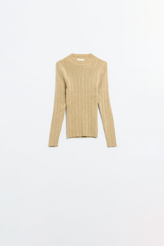 Q2 Fitted ribbed sweater in beige with silver thread detail
