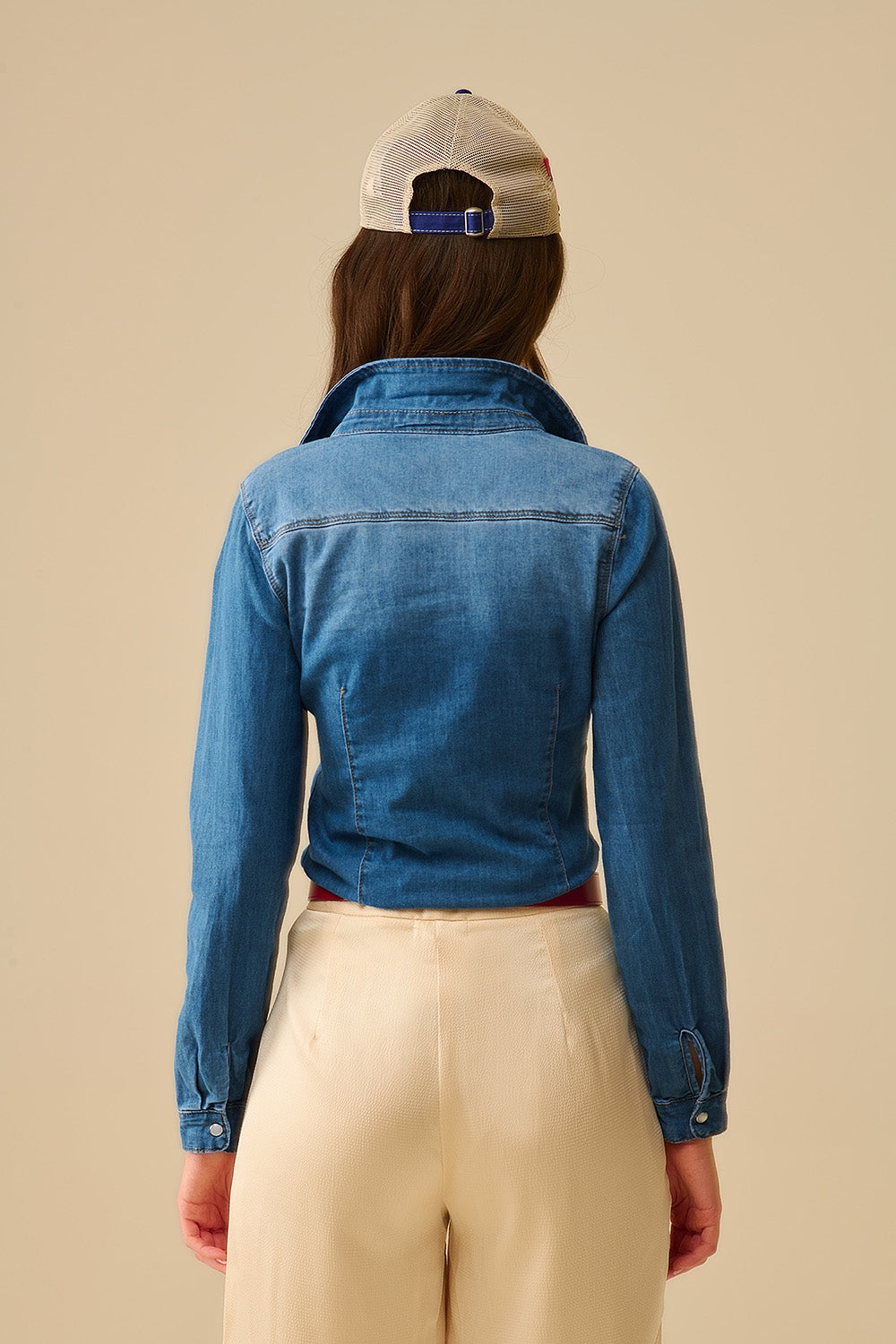 Fitted Stretch Denim Shirt With Chest Pockets