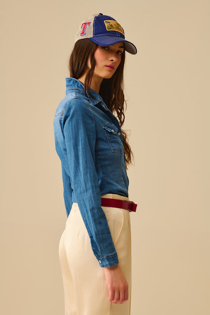Fitted Stretch Denim Shirt With Chest Pockets