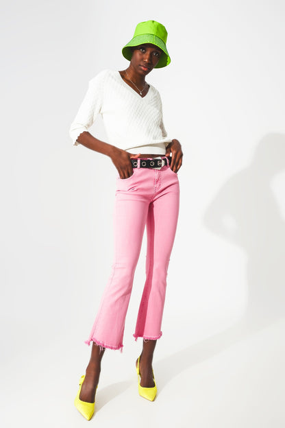 Flare jeans with raw hem edge in bubblegum pink