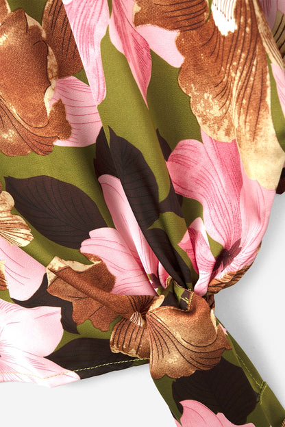 Floral Knot Top With Green Background in satin fabric