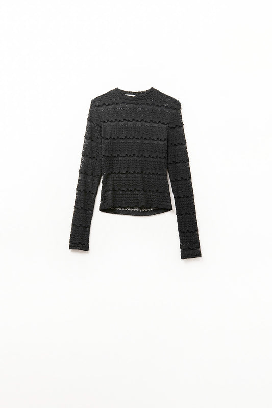 Q2 Floral Lace Top With Crew Nech in Black