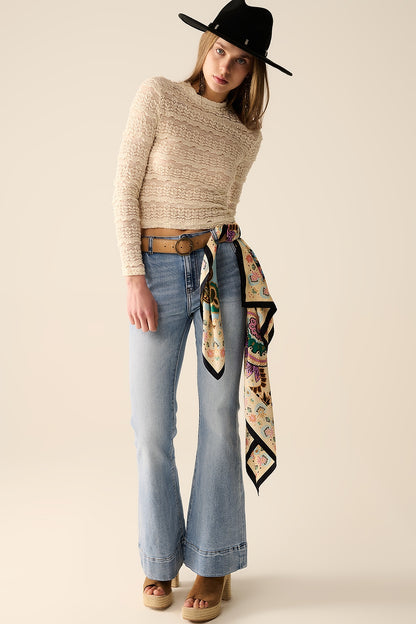 Floral Lace Top With Crew Neck in Cream
