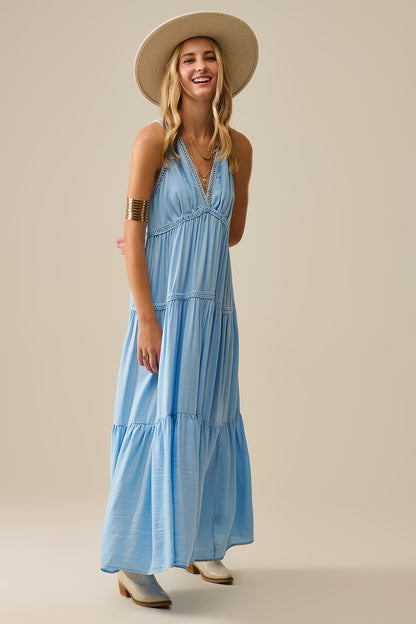 Flowy Maxi Dress with Lace Inserts in Light Blue