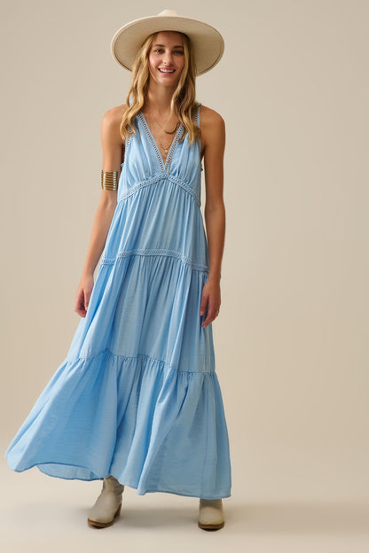 Flowy Maxi Dress with Lace Inserts in Light Blue