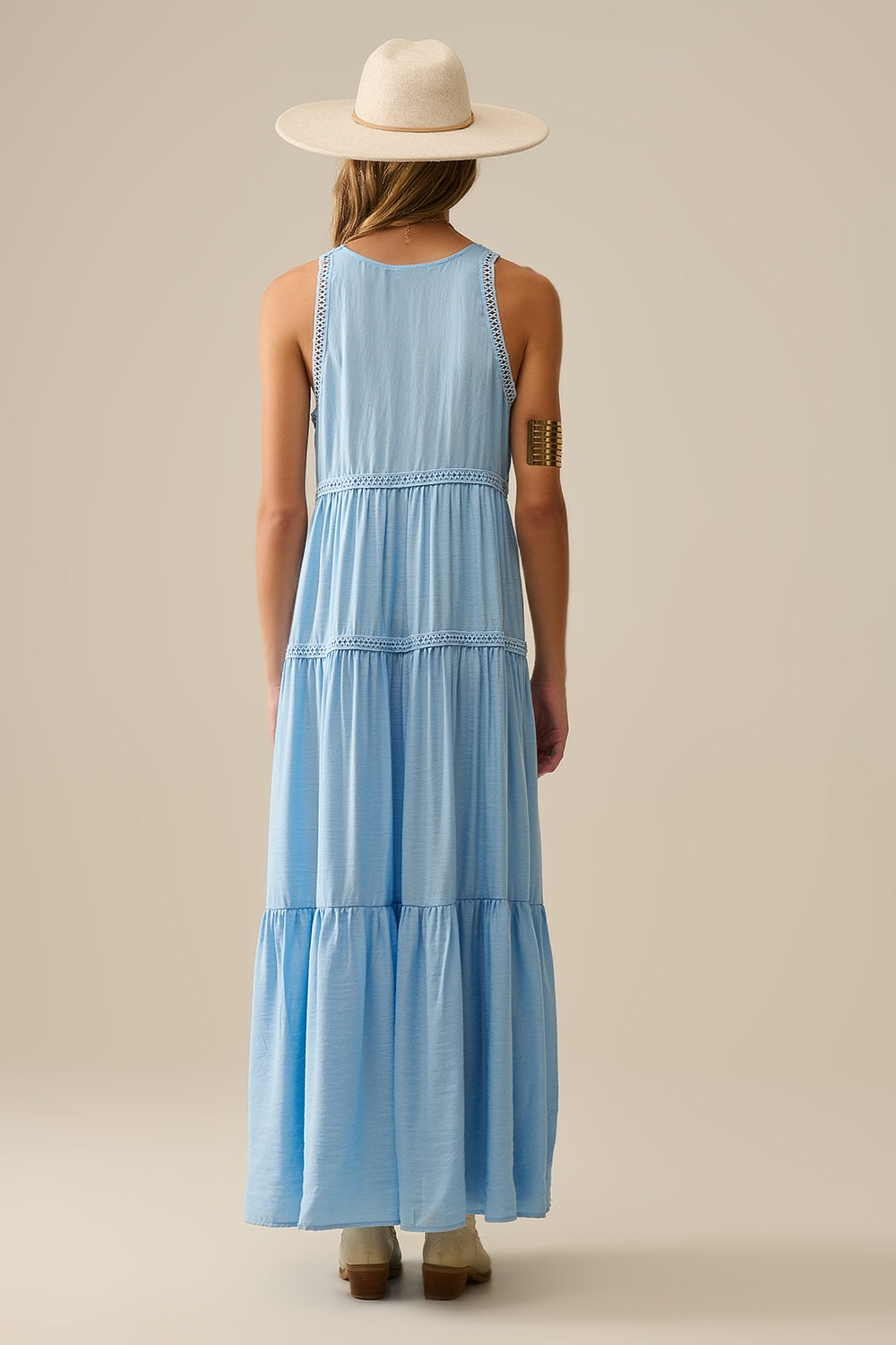 Flowy Maxi Dress with Lace Inserts in Light Blue