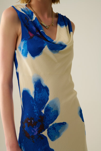 Flowy sleeveless Blue maxi dress with floral print