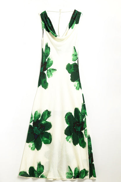 Flowy sleeveless Green maxi dress with floral print