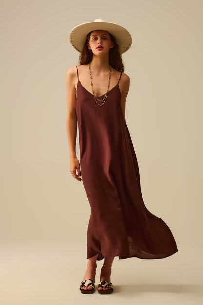 Flowy Spaghetti Strap Maxi Brown Dress