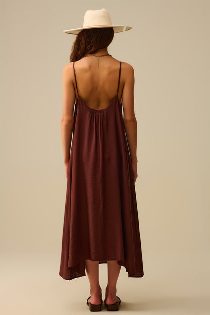 Flowy Spaghetti Strap Maxi Brown Dress