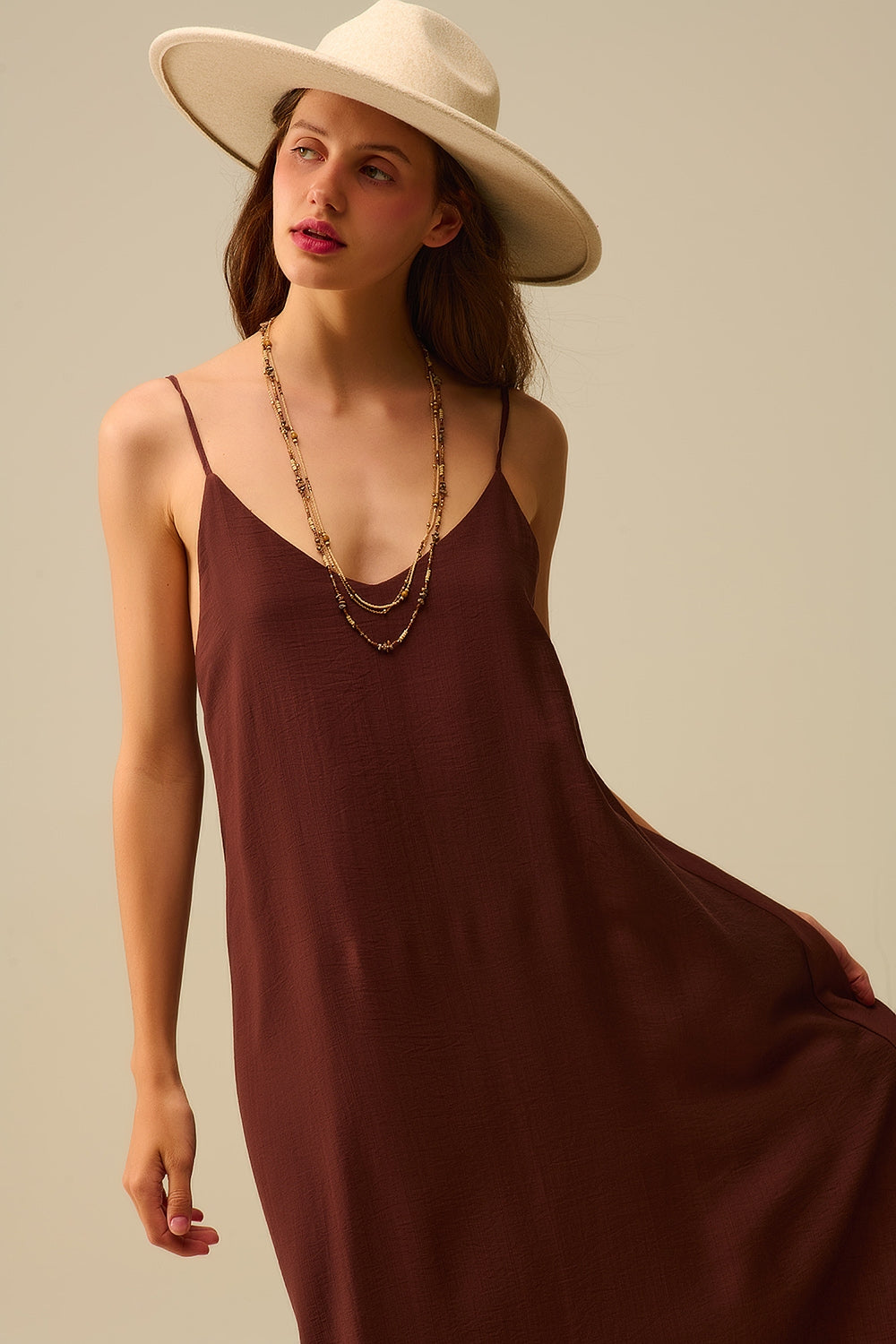 Flowy Spaghetti Strap Maxi Brown Dress
