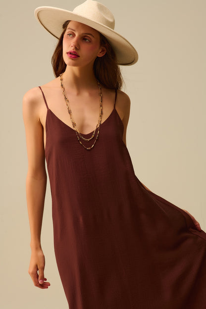 Flowy Spaghetti Strap Maxi Brown Dress