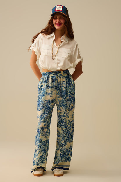 Flowy Toile de Jouy Printed Trousers with Elastic Waist