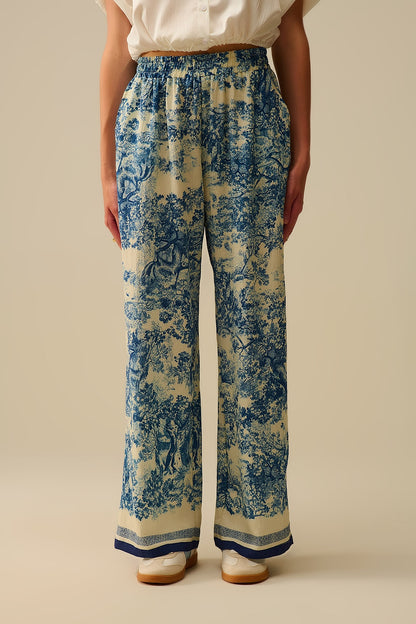 Q2 Flowy Toile de Jouy Printed Trousers with Elastic Waist