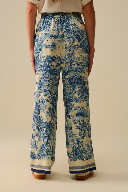 Flowy Toile de Jouy Printed Trousers with Elastic Waist
