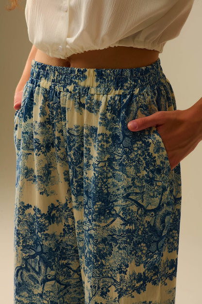 Flowy Toile de Jouy Printed Trousers with Elastic Waist