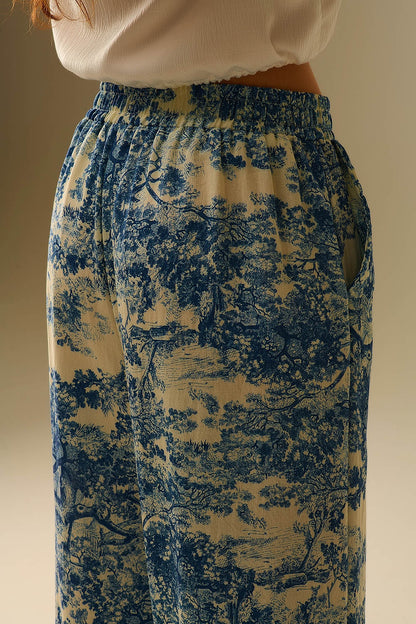 Flowy Toile de Jouy Printed Trousers with Elastic Waist