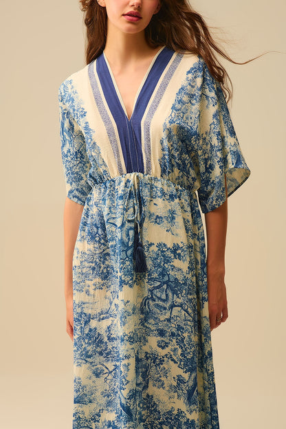 Flowy V-neck Dress with Toile de Jouy Print