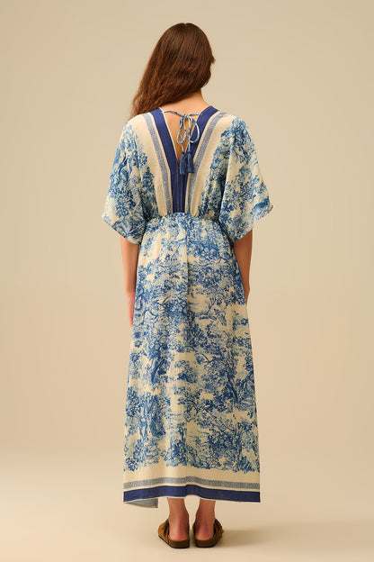 Flowy V-neck Dress with Toile de Jouy Print