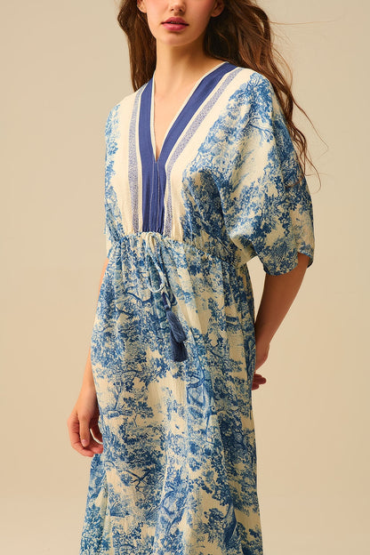 Flowy V-neck Dress with Toile de Jouy Print