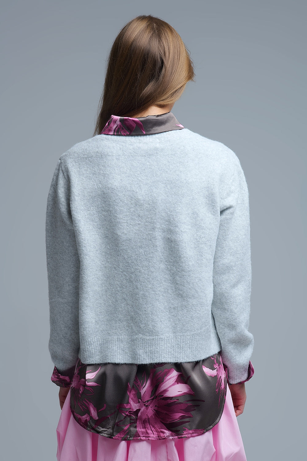 fluffy Gray Cardigan with Heart Buttons