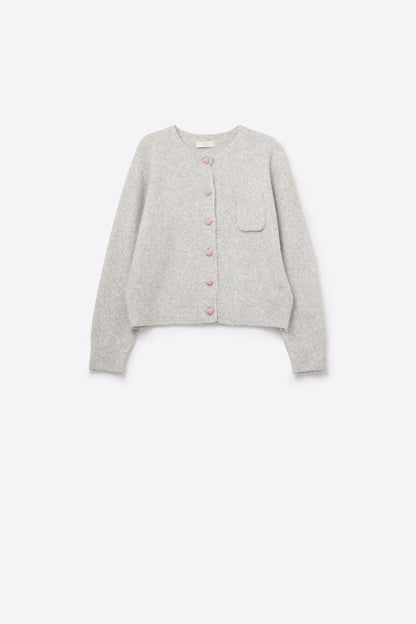 fluffy Gray Cardigan with Heart Buttons