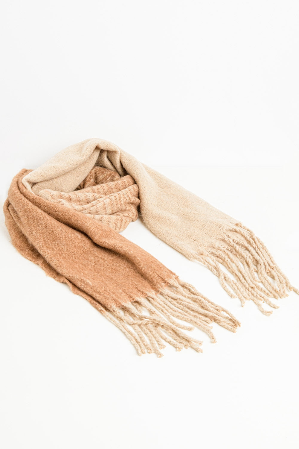 Fringed striped scarf in beige