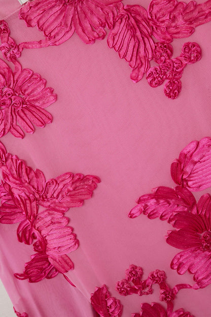fuchsia chiffon mini dress with floral brocade