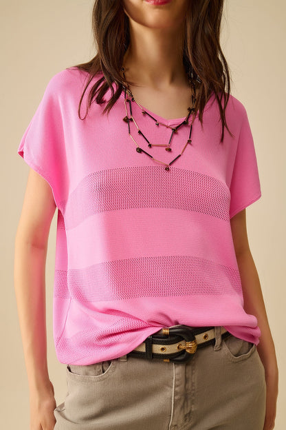 Fuchsia V-neck knit sweater with open stitch detail