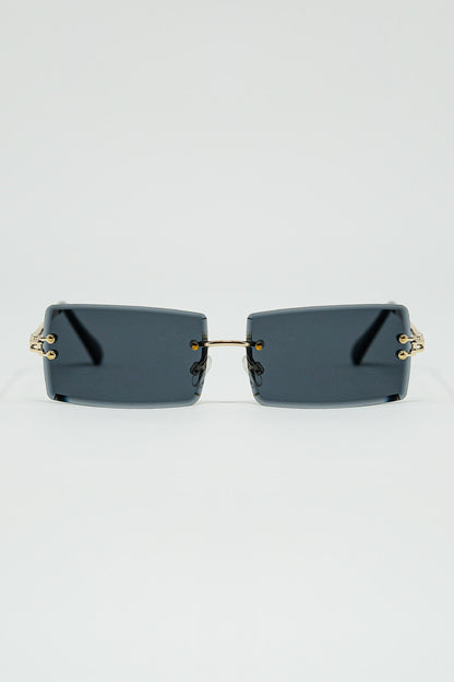 Q2 Gold Thin Rimless Square Sunglasses With Black Lenses