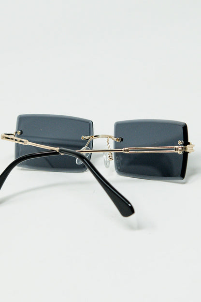 Gold Thin Rimless Square Sunglasses With Black Lenses