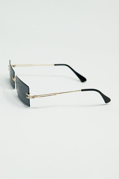 Gold Thin Rimless Square Sunglasses With Black Lenses