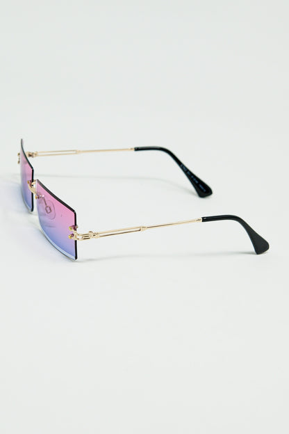 Gold Thin Rimless Square Sunglasses with Purple to Pink Gradient Lenses