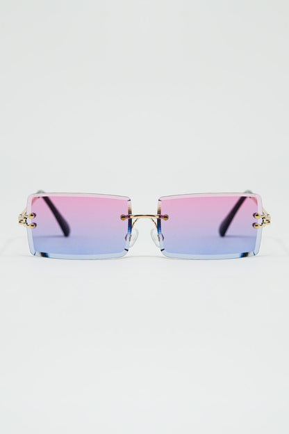 Gold Thin Rimless Square Sunglasses with Purple to Pink Gradient Lenses