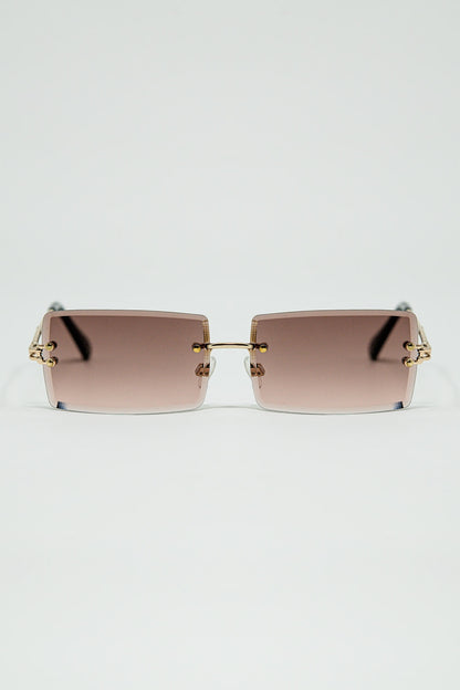 Q2 Gold Thin Rimless Square Sunglasses with Soft Brown Gradient Lenses