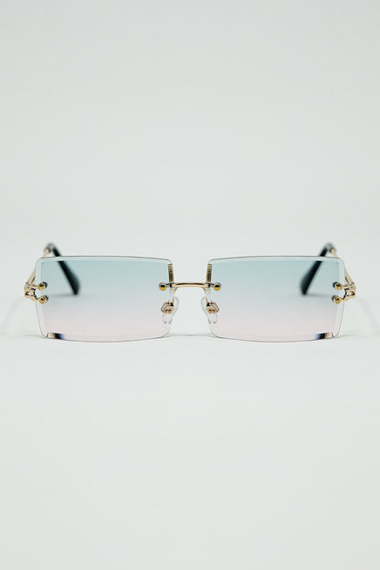 Q2 Gold Thin Rimless Square Sunglasses with Turquoise and Pink Gradient Lenses