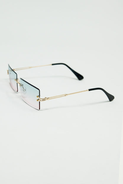 Gold Thin Rimless Square Sunglasses with Turquoise and Pink Gradient Lenses