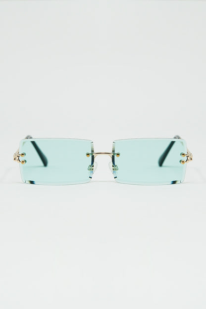 Q2 Gold Thin Rimless Square Sunglasses with Turquoise Lenses