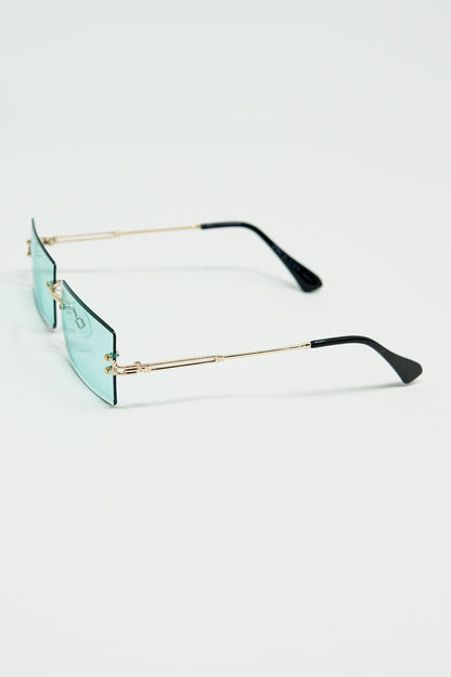 Gold Thin Rimless Square Sunglasses with Turquoise Lenses