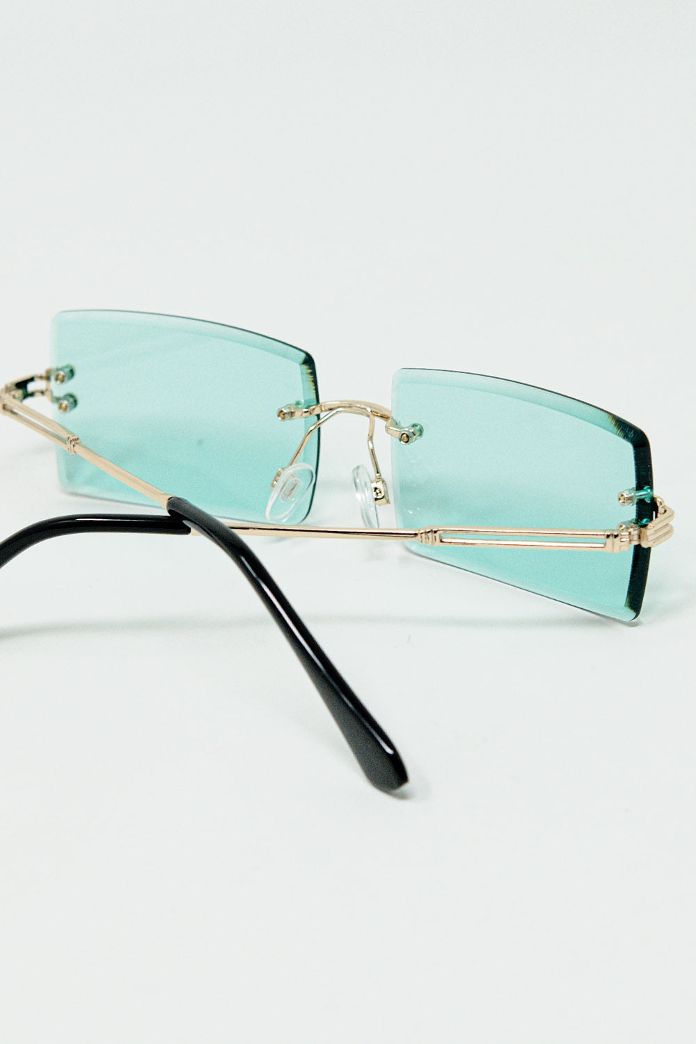 Gold Thin Rimless Square Sunglasses with Turquoise Lenses