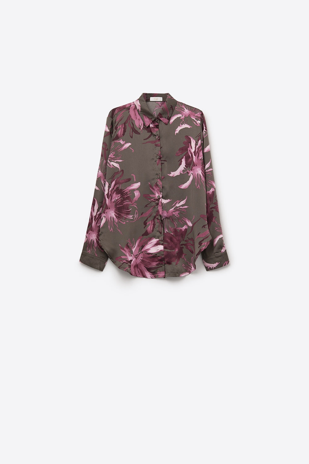Gray Floral Print Satin Shirt with Buttons